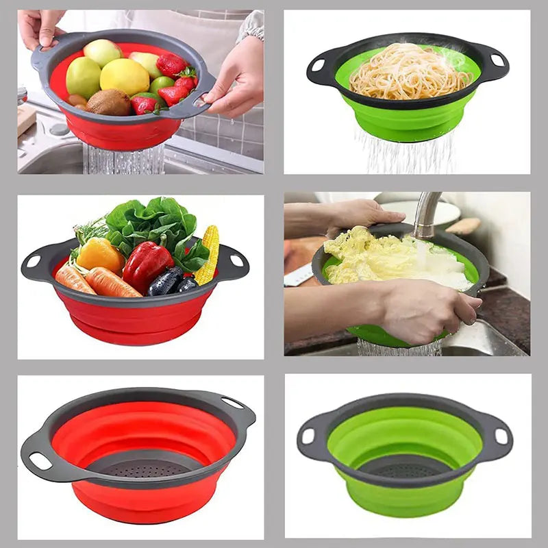 Round Collapsible Colander Silicone Kitchen Fruit Vegetable Washing Basket Strainer Foldable Drainer Kitchen Gadgets Tools - The New Up